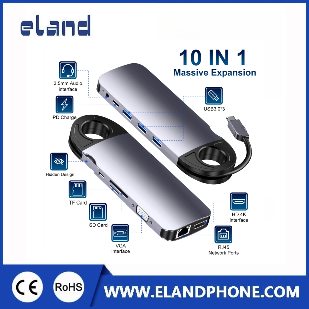 Private Model: EL-M243  10 In 1 USB Type C docking with PD,USB3.0,3.5mm,SD,TF,VGA,HDMI,RJ45 adapter