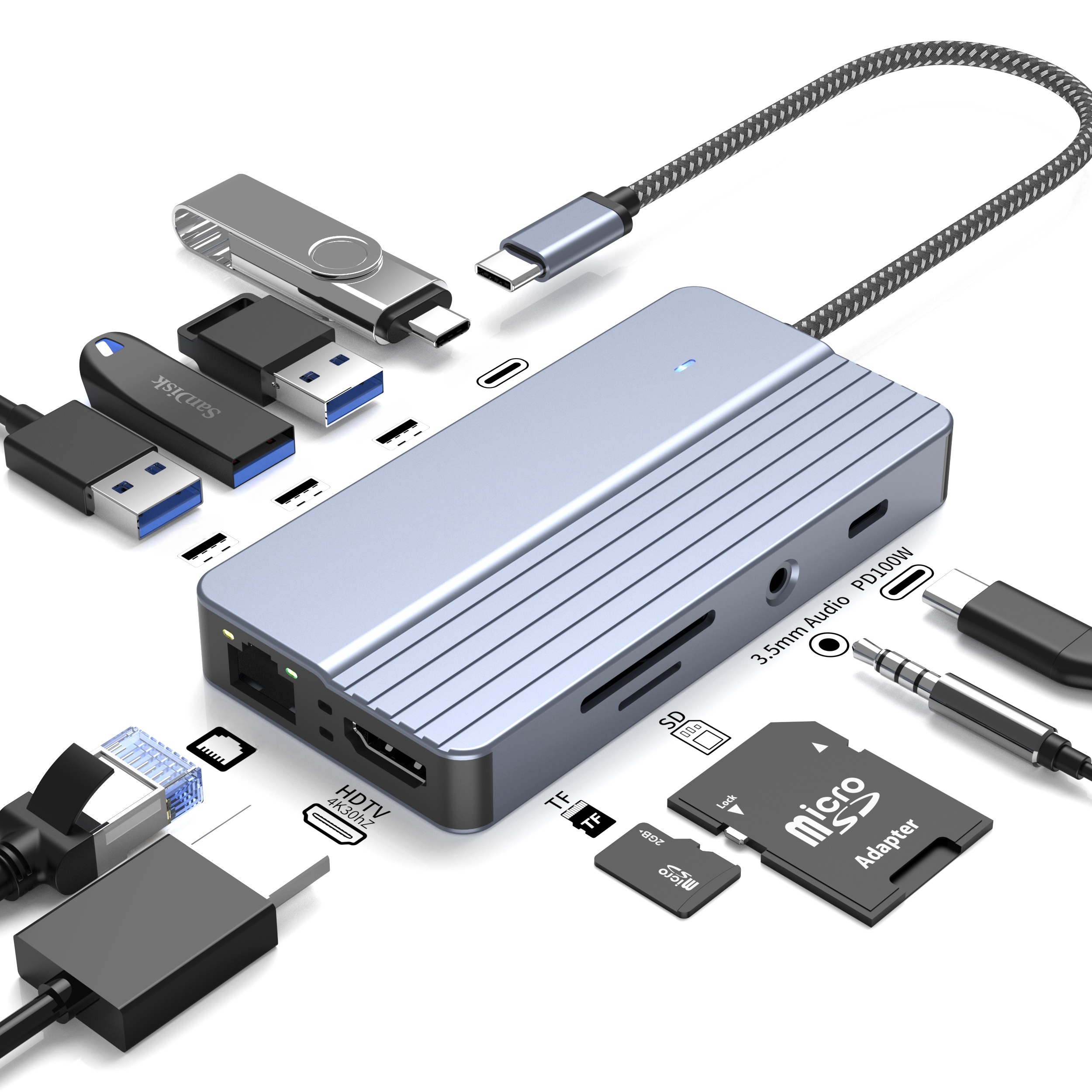 New Model: EL-M242B 10 In 1 USB-C Hub with PD/USB/HDMI/TF/SD/3.5mm/RJ45 Adapter